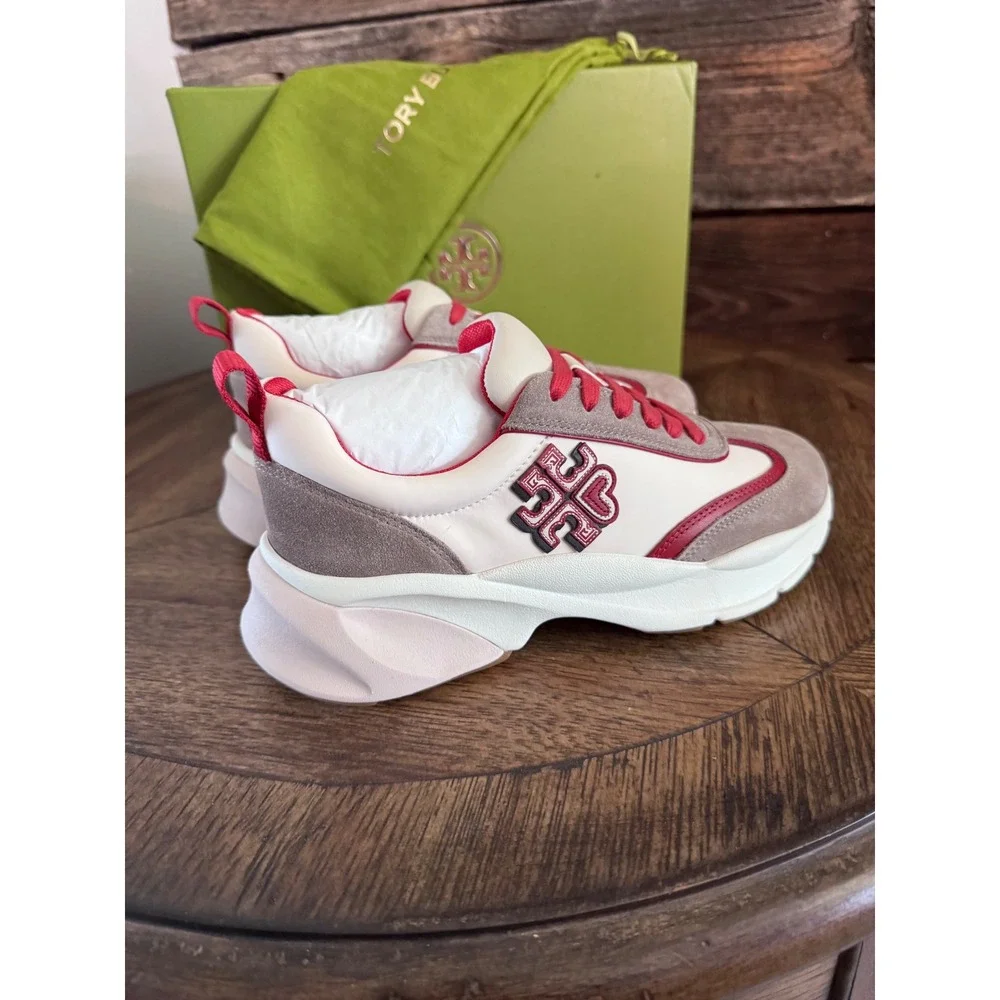 Tory Burch Good Luck Trainer Sneakers Cream Taupe Red 141503 Womens 7 Rare color